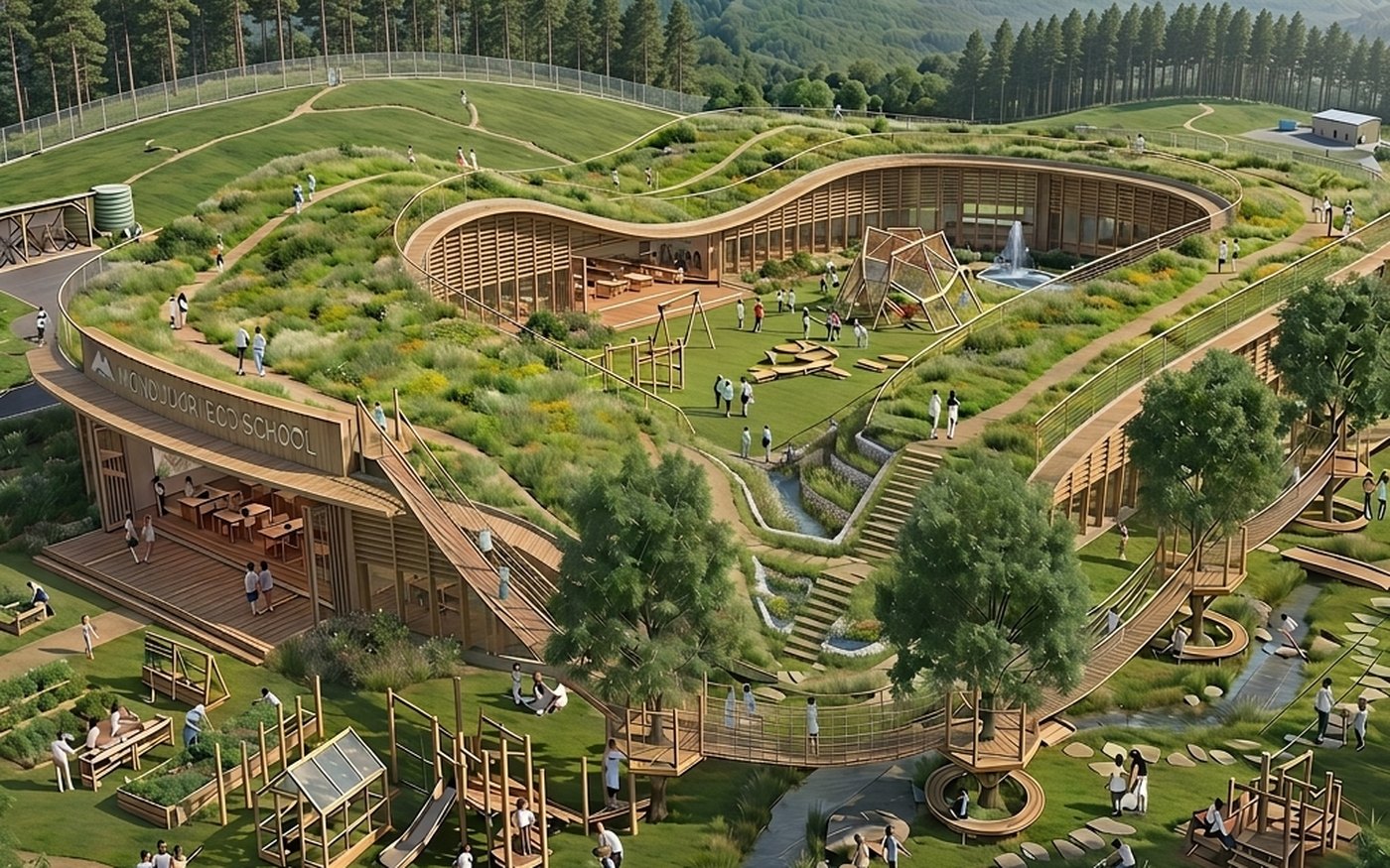 Concept visualisation of MONDUL ECO SCHOOL: a low timber building with a planted roof set into highland grassland, with outdoor learning areas, a stream and forest beyond.